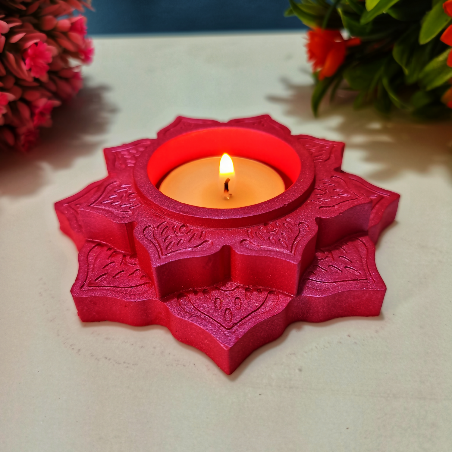 Handmade Lotus Diya – Metallic Pink Tealight Holder | Traditional Candle Holder for Diwali, Pooja, Meditation & Home Décor | Festival Gift Item