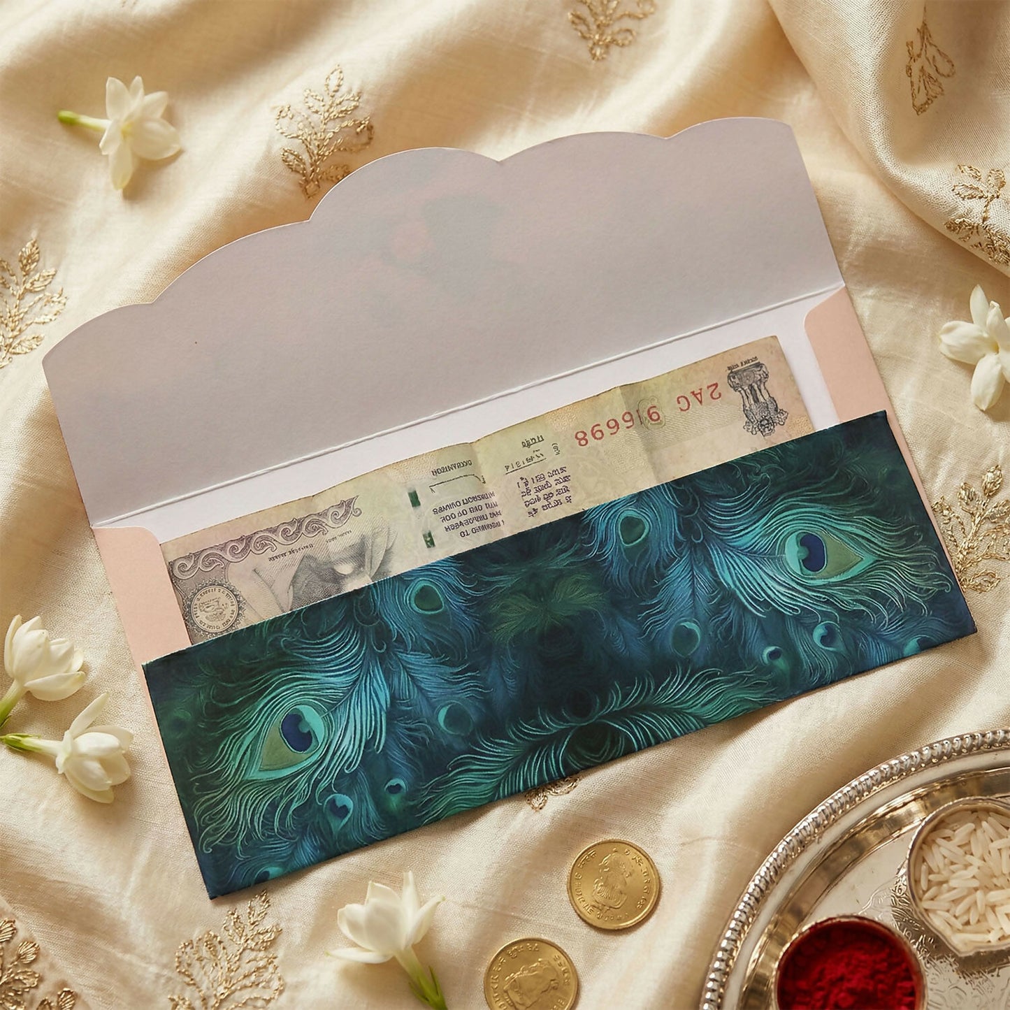 Designer A4 Size Money Gift Envelopes with Peacock Feather & Floral Patterns for Wedding, Festive & Cash Gifting – Pack of 10