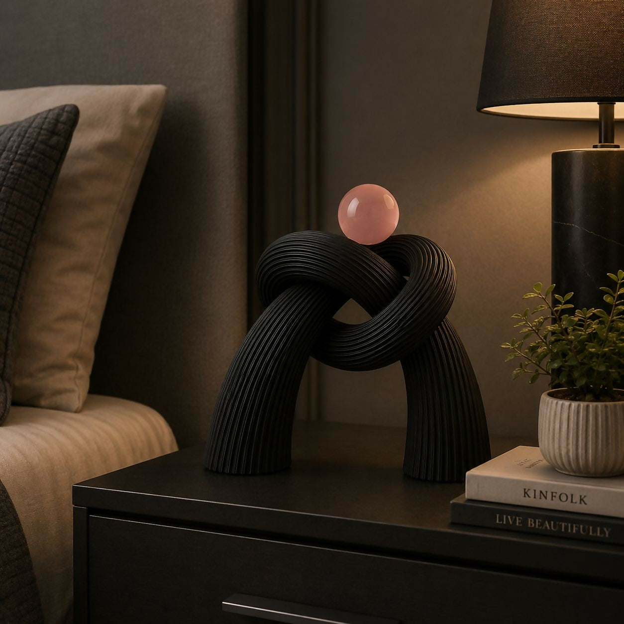 Elegant resin knot sculpture on a shelf, symbolizing unity, balance, and harmony
