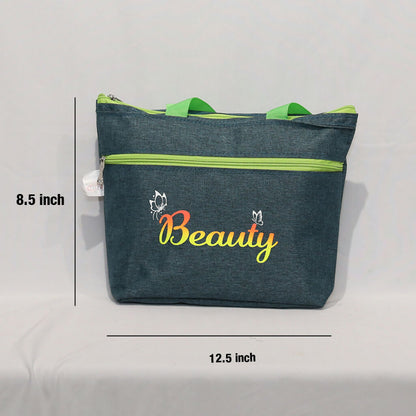 Stylish Denim Shopping Bag with Green Handles – “Beauty” Tote