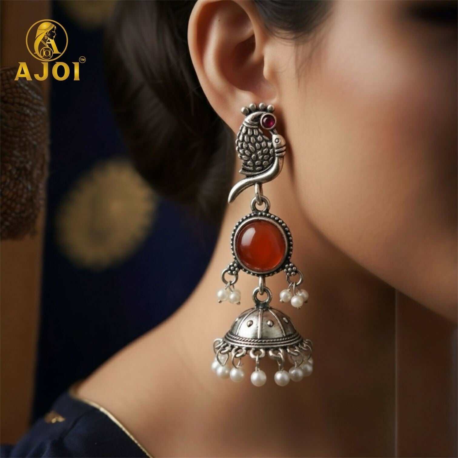 Antique Silver Peacock Jhumka Earrings with Red Stone Centerpiece & Pearl Drops