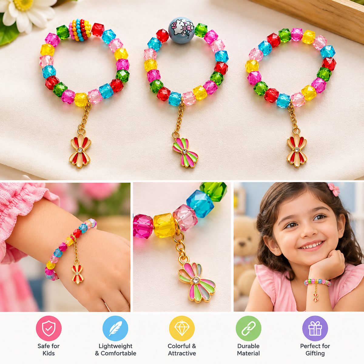 Three vibrant beaded bracelets, each with a unique charm, are arranged on a light surface with flowers.