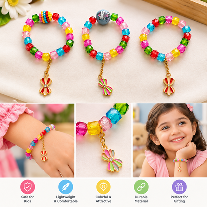 Three vibrant beaded bracelets, each with a unique charm, are arranged on a light surface with flowers.