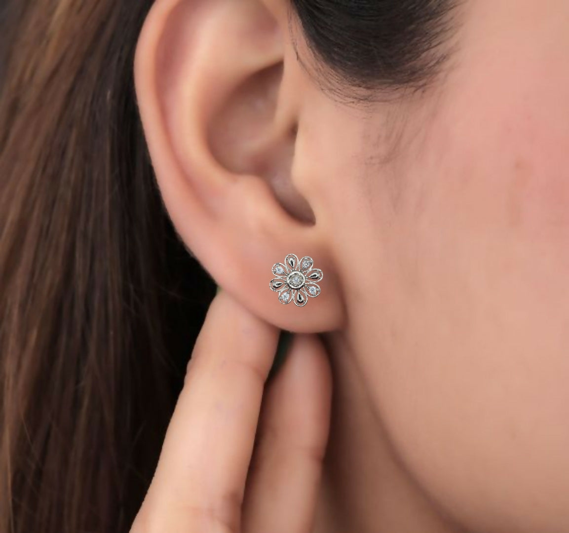 Dainty Silver Flower Stud Earrings with AD for women and girls