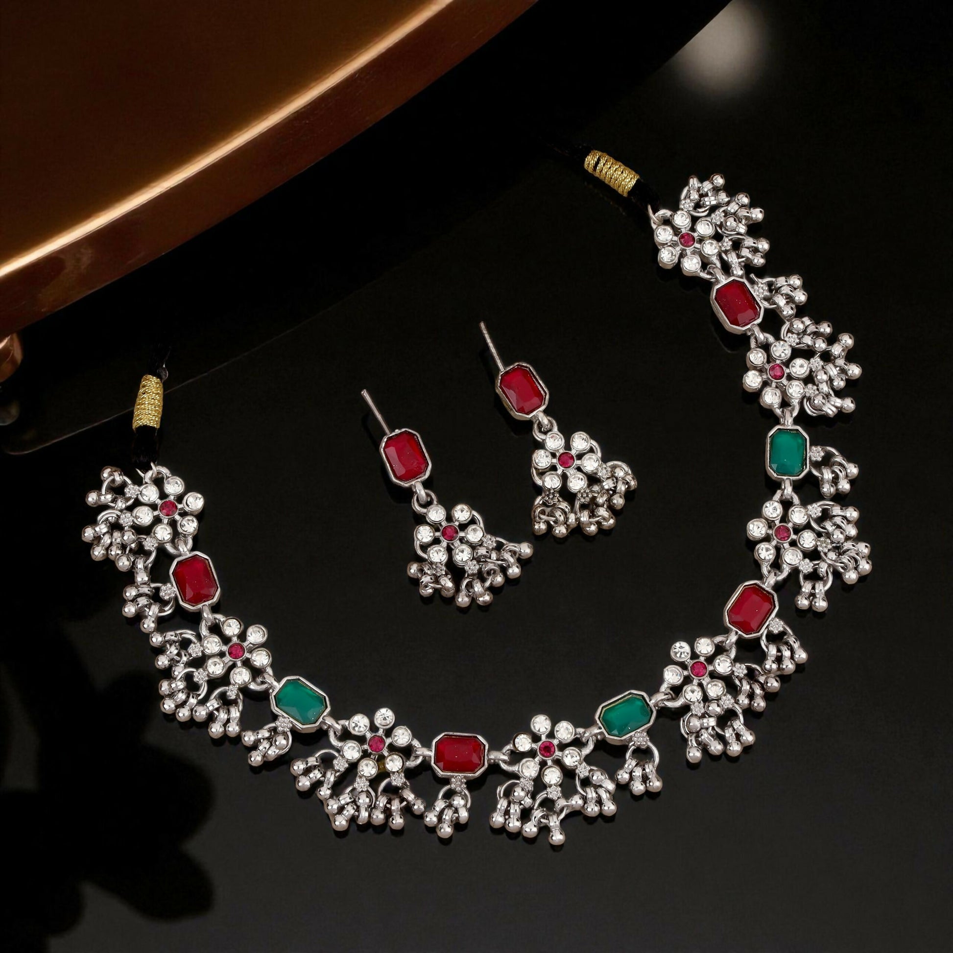 Oxidized Silver Green-Pink Rectangular Stone Choker