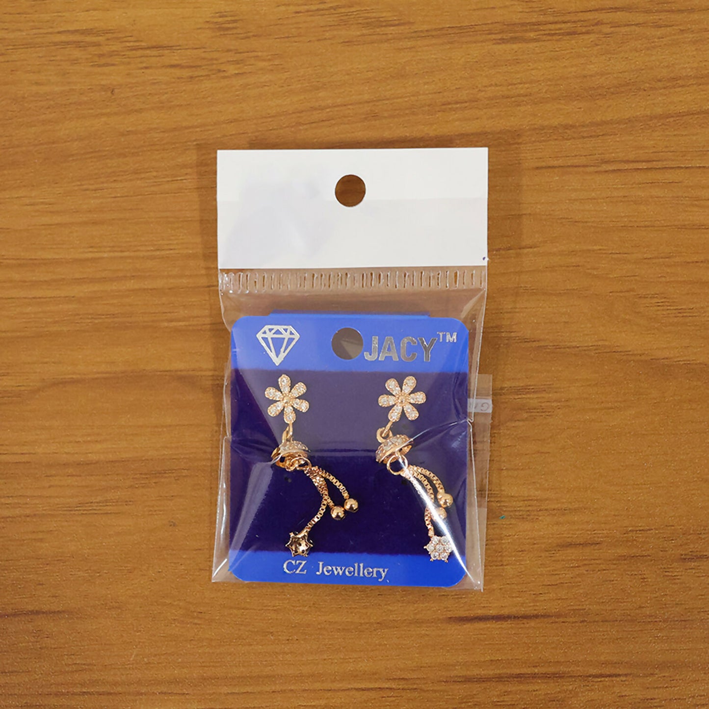Rose gold drop earrings showing secure post-back closure and design