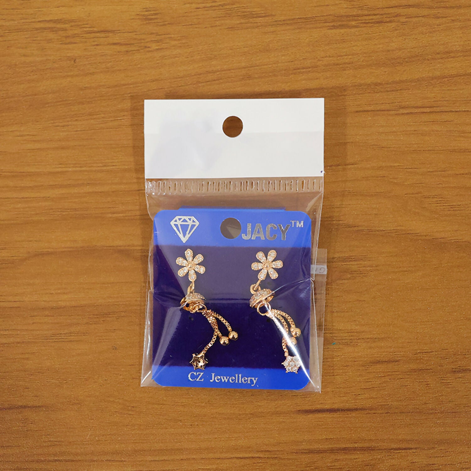 Rose gold drop earrings showing secure post-back closure and design