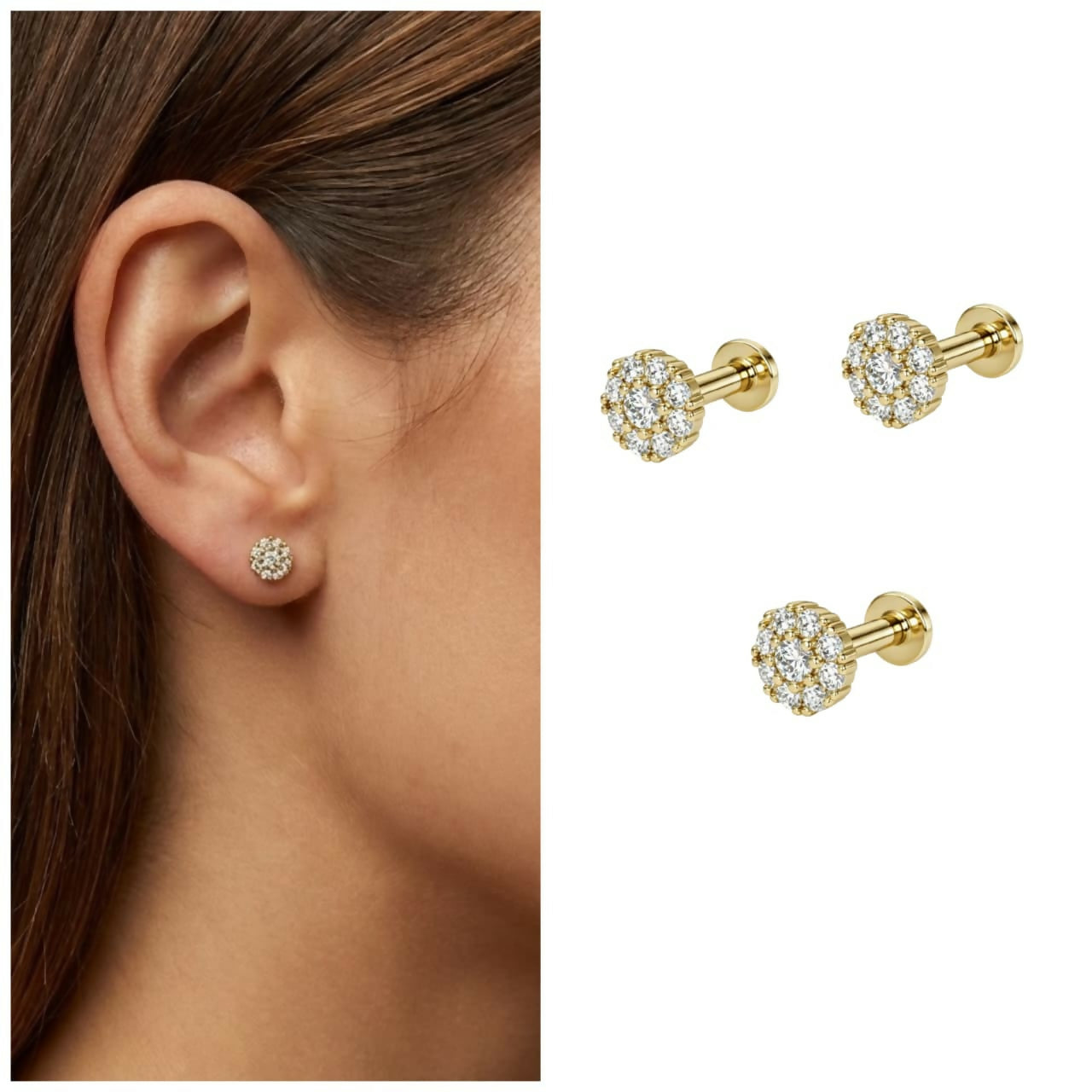 Close-up of gold pleated AD cluster flat back stud earrings showing floral design