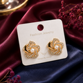 Elegant Korean Design Golden-Tone Swirl Flower Studs | Crystal & Pearl Statement Earrings