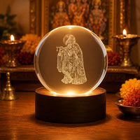 Radha Krishna Crystal Globe LED Lamp with Warm Light Wooden Base