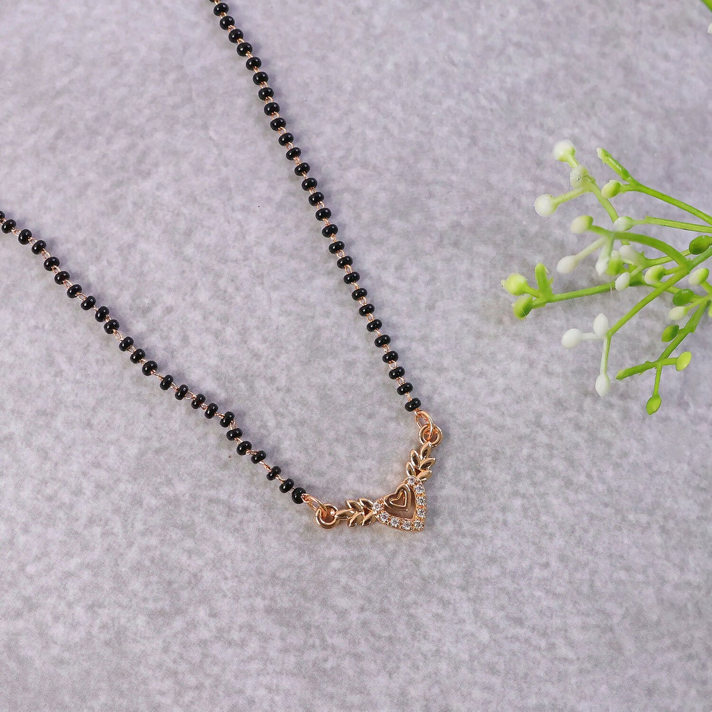Rose Gold Finish Heart & Wheat Leaf V-Drop CZ Pendant Mangalsutra