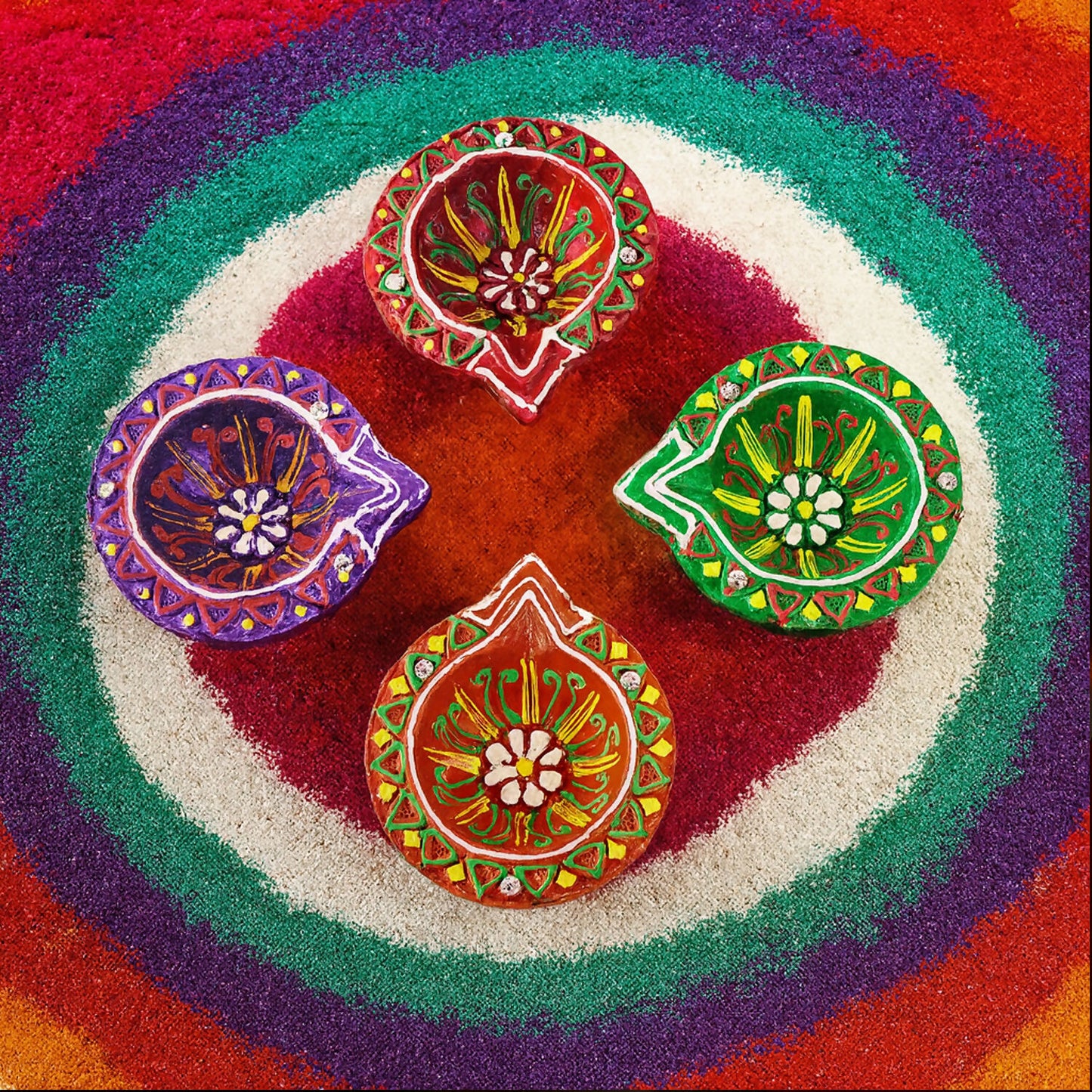 Handcrafted Multicolor Mix Diya Set of 4 – Round Flower Pattern Oil Lamps for Diwali, Pooja & Festive Decoration (Mix Design)