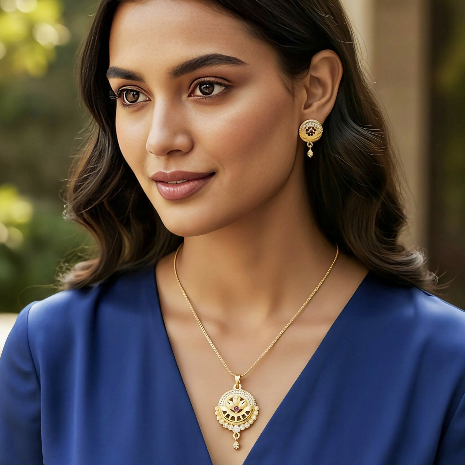 Women’s Gold-Tone Jewelry Set | Round Filigree Pendant with Red Stone | Ethnic Wedding Wear Necklace & Earrings