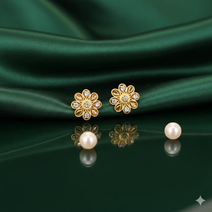 Gold Flower Stud Earrings with AD for women and girls
