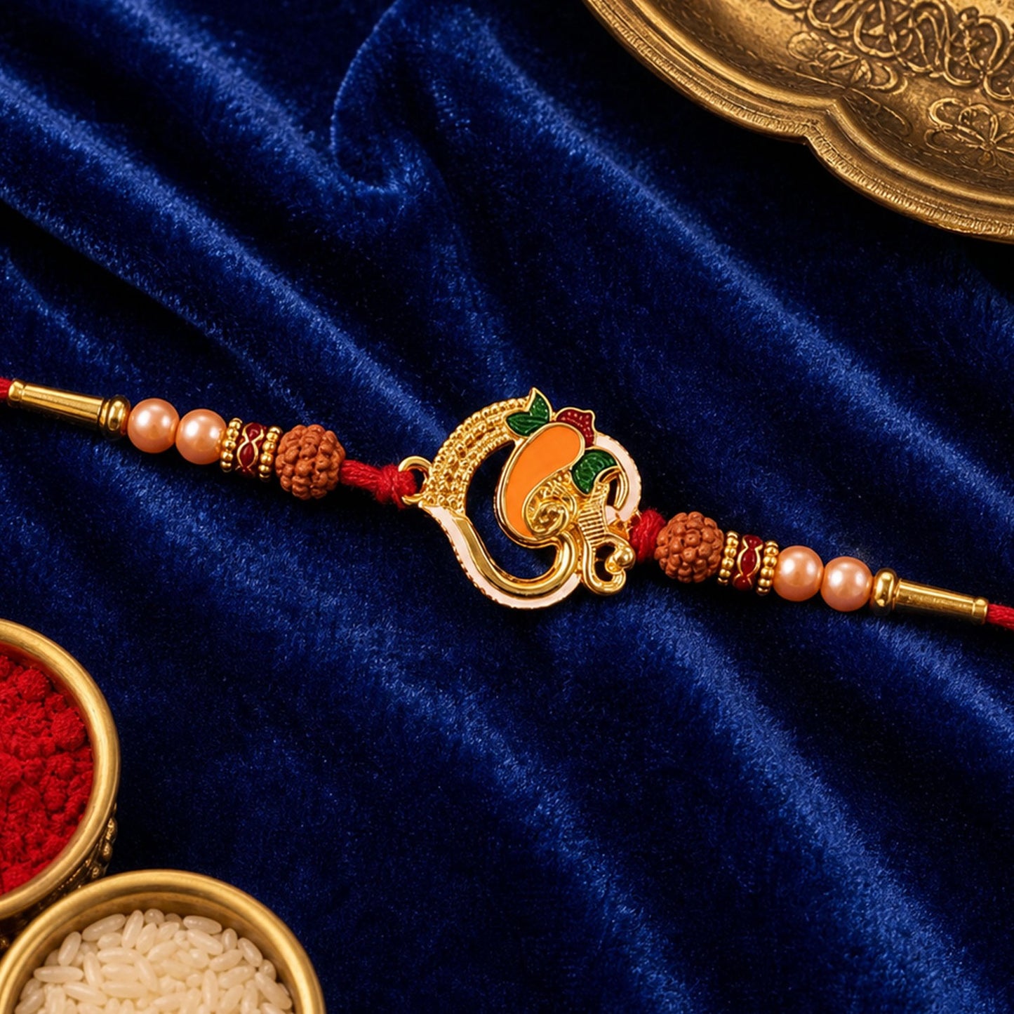 Ganesh Rakhi with Rudraksha beads, a traditional design for Raksha Bandhan.