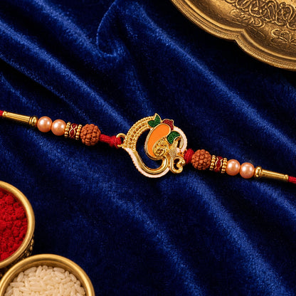 Ganesh Rakhi with Rudraksha beads, a traditional design for Raksha Bandhan.