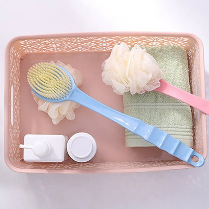 Bath brush with extended handle, 2-in-1 design for convenience.