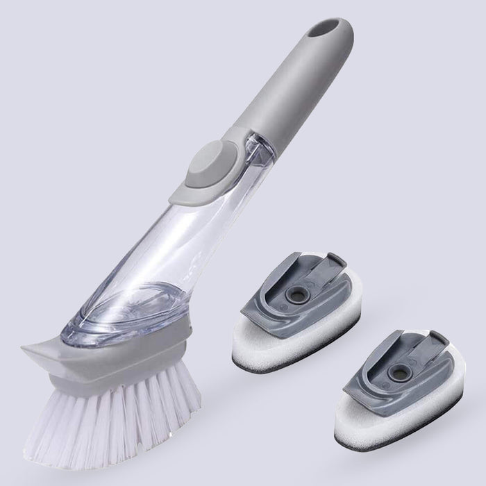 Dish scrubber with built-in soap dispenser, includes 3 brush heads