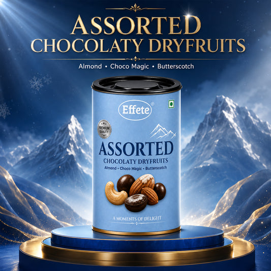 Effete assorted chocolaty dryfruits tin with three flavour sections.