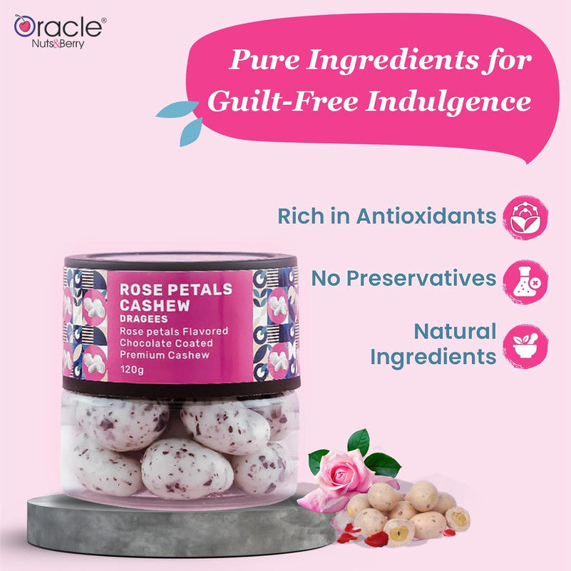 Oracle Nuts & Berry Rose Petals Cashew Dragees – 120gm | Premium Chocolate Coated Cashews with Rose Petals Flavor