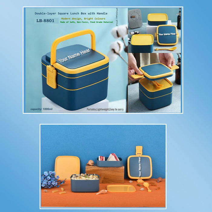 Customized BLUE DOUBLE-LAYER PORTABLE LUNCH BOX STACKABLE WITH CARRYING HANDLE AND SPOON LUNCH BOX , Bento Lunch Box