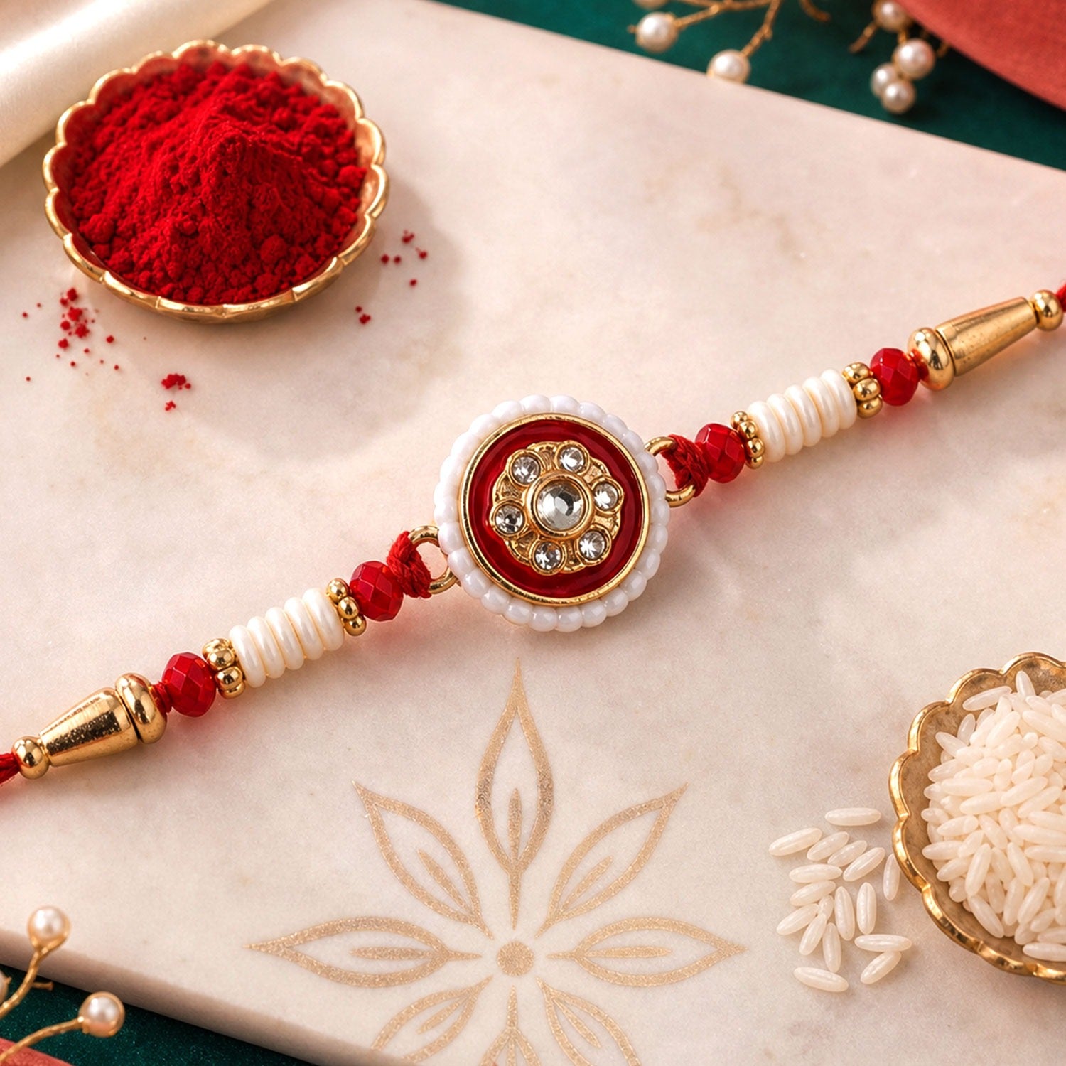 Close up of a red round Kundan Pearl Rakhi with intricate traditional design.