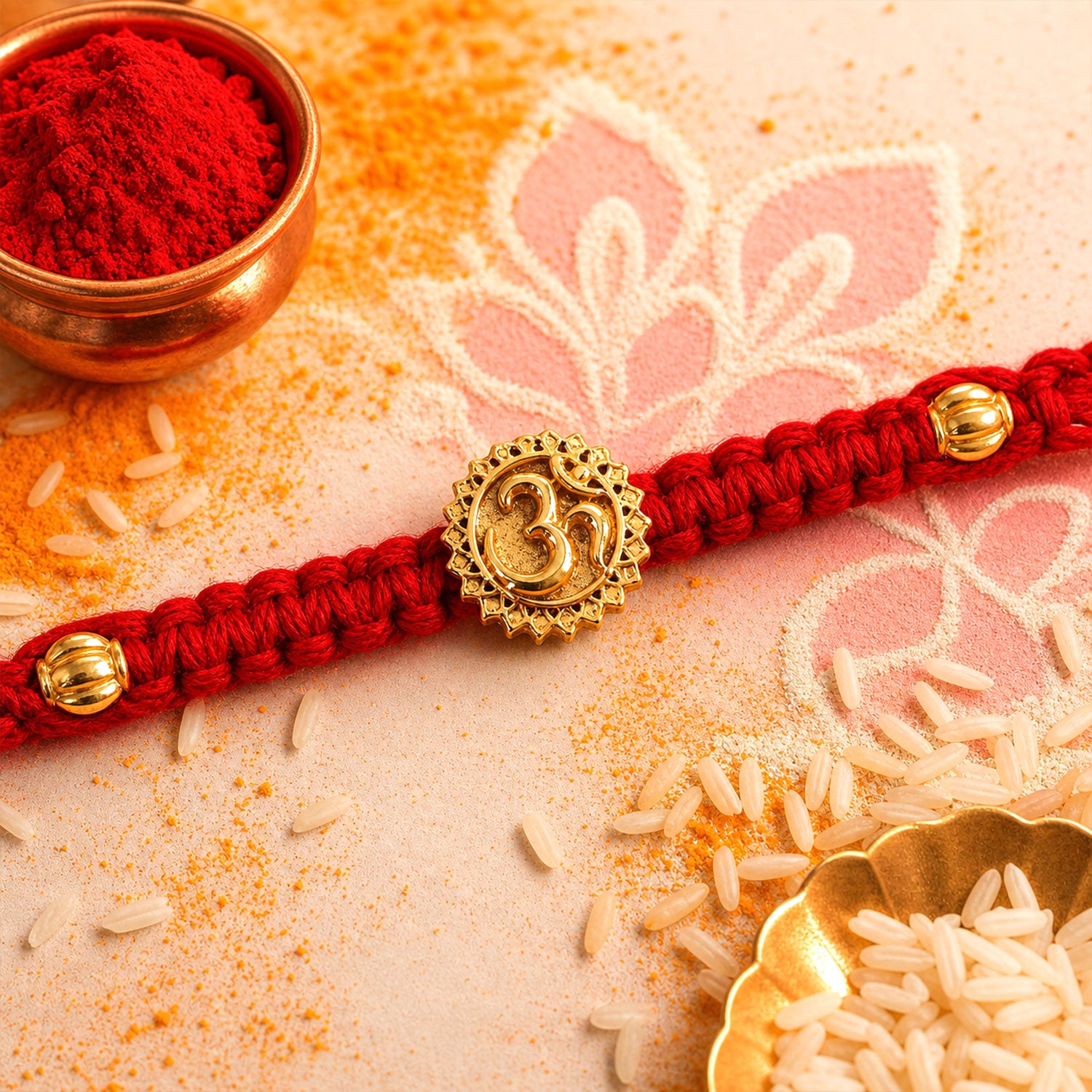 Red Thread Rakhi with an Antique Gold Om Pendant and Beaded Accents
