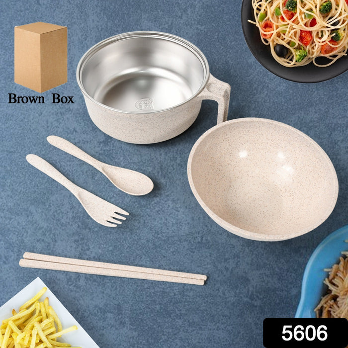 Rice Bowl Noodle 1 Bowl with 1 Lid and Handle Wheat Straw Noodle Bowls with Wheat Straw 1 Fork, 2 Chopsticks, 1 Spoon for Soup Salad Cooker Snack Set (6 Pcs Set)