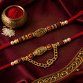 Om Design Couple Rakhi Set with Rudraksha Pearl Beads and Red Thread for Bhai Bhabhi