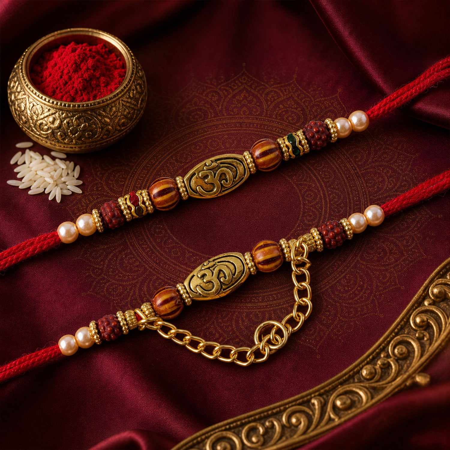 Om Design Couple Rakhi Set with Rudraksha Pearl Beads and Red Thread for Bhai Bhabhi