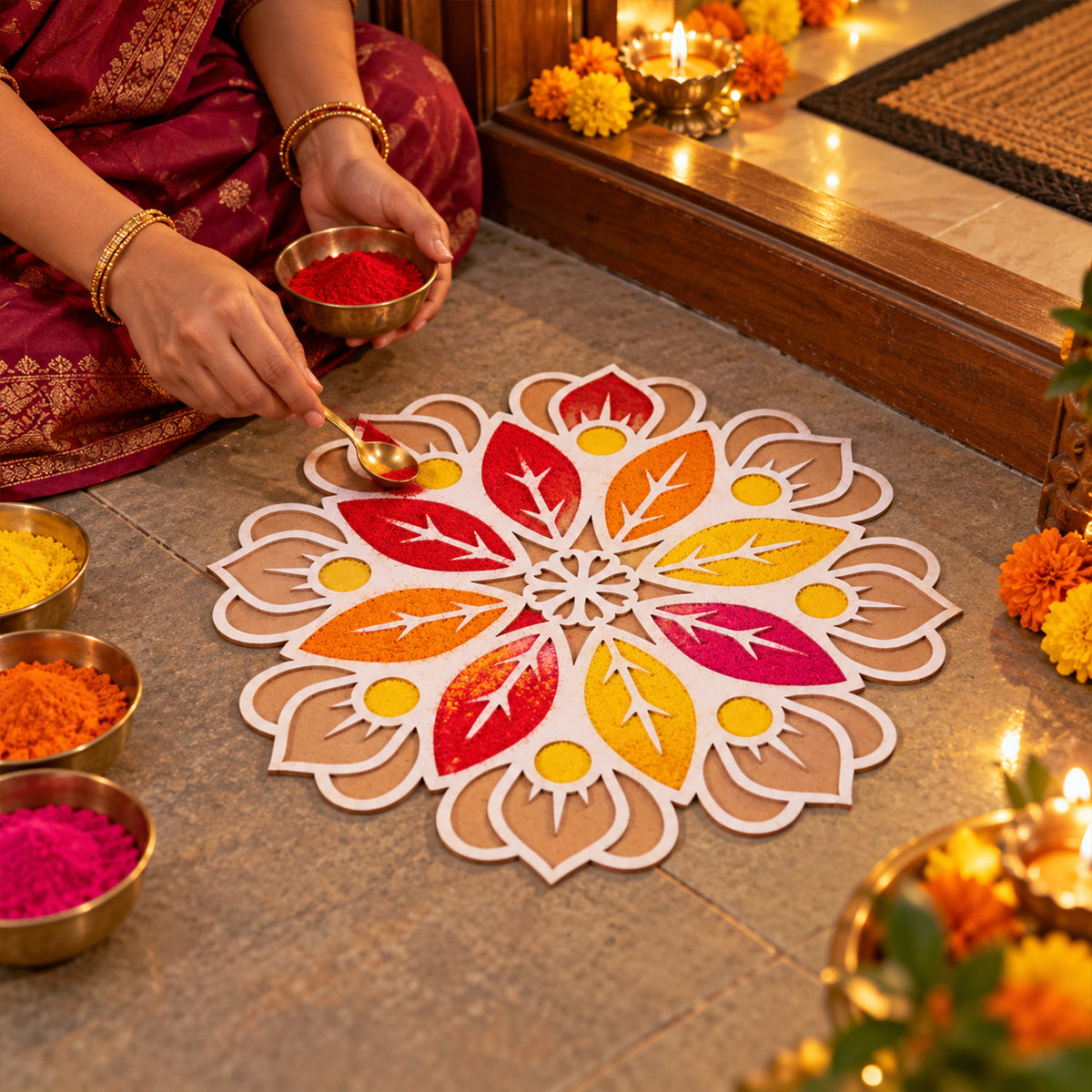 A person uses a small spoon to fill a white and brown rangoli stencil with orange powder, surrounded by bowls of various