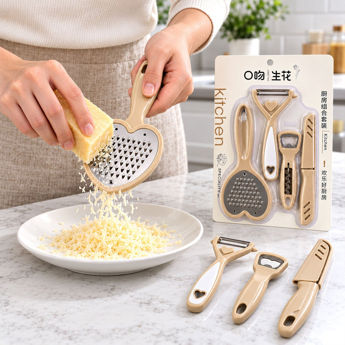 A person grates a block of parmesan cheese with a heart-shaped grater, creating a pile of shredded cheese on a white plate.
