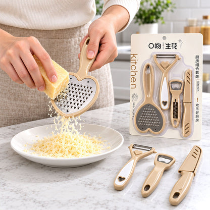 A person grates a block of parmesan cheese with a heart-shaped grater, creating a pile of shredded cheese on a white plate.