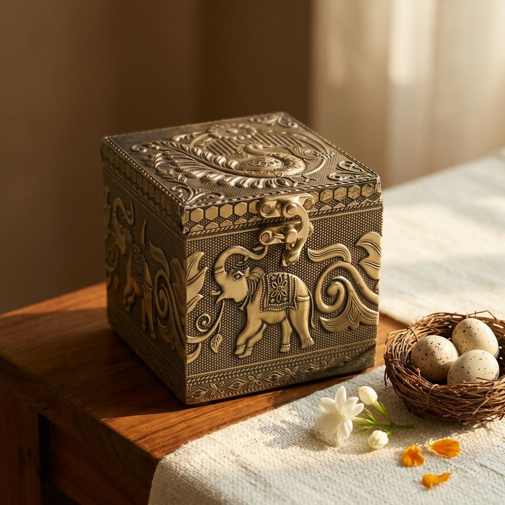 Vintage-style latch securing brass storage box