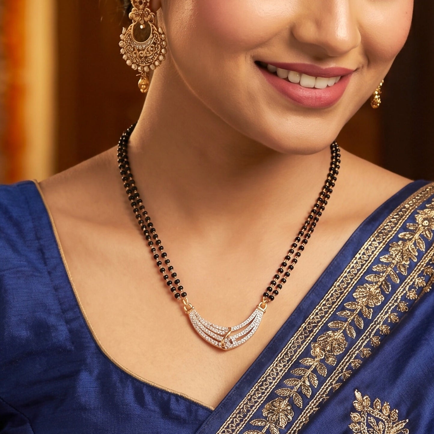 Rose Gold Finish Full CZ Crescent Moon Bar Double Strand Mangalsutra