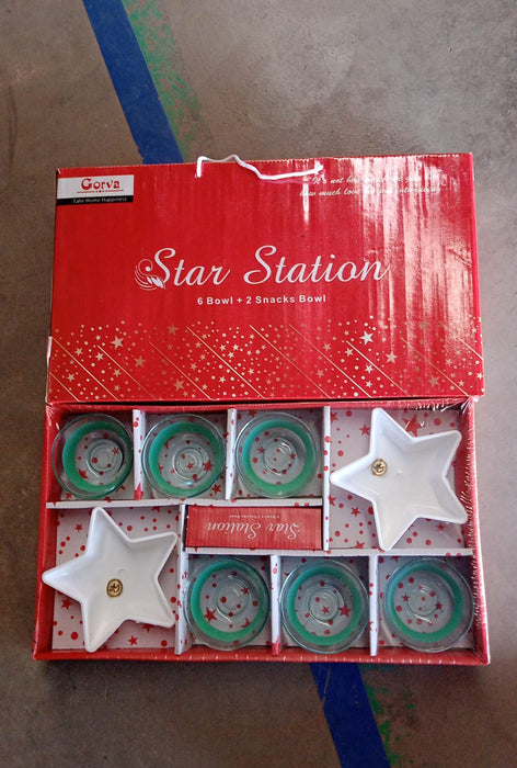 Star Station High Quality 6 Pc Glass Bowl & 2 Pc Plastic Star Shape Snack Bowl Set (8 Pcs Set)