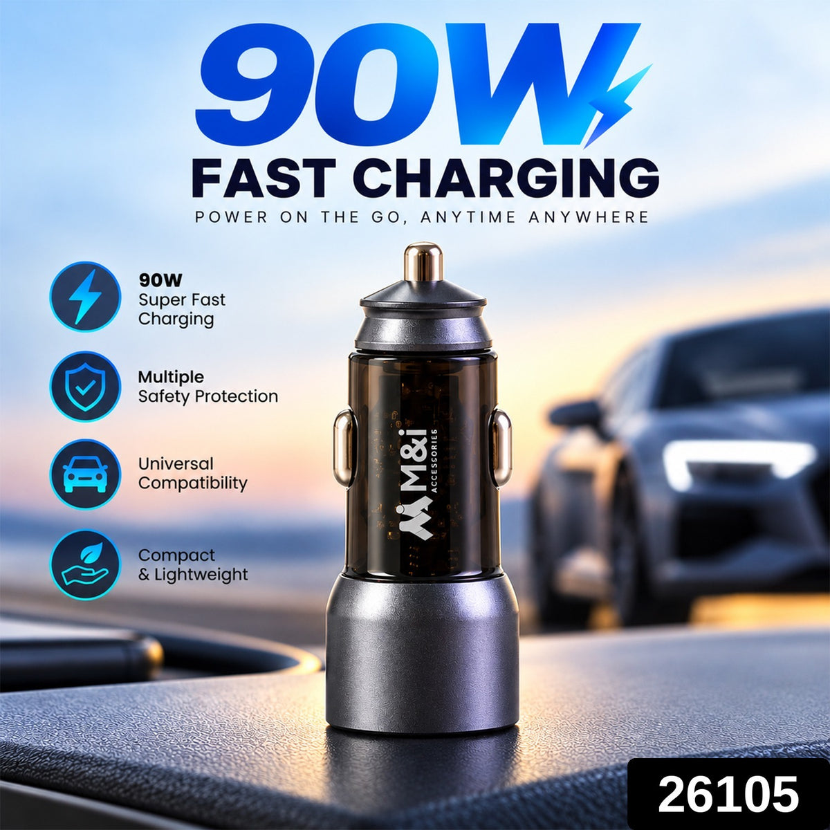 90W Dual Port USB & Type-C Car Charger with Type-C to Type-C Charging Cable