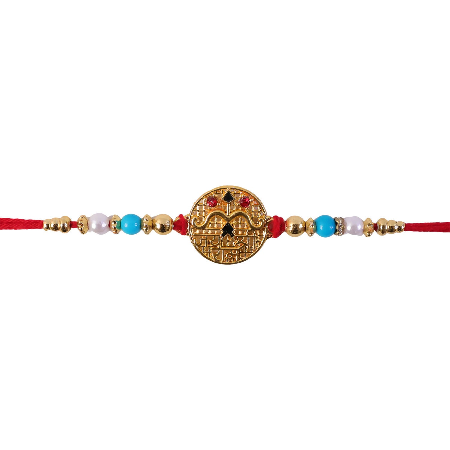 Golden Shri Ram Rakhi with detailed blue pearl work