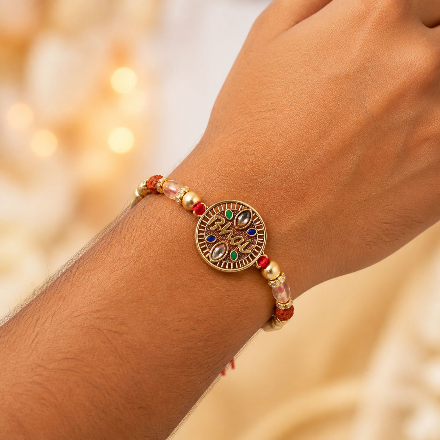 Oxidized Gold Kundan Medallion Rakhi with Rudraksha Beads