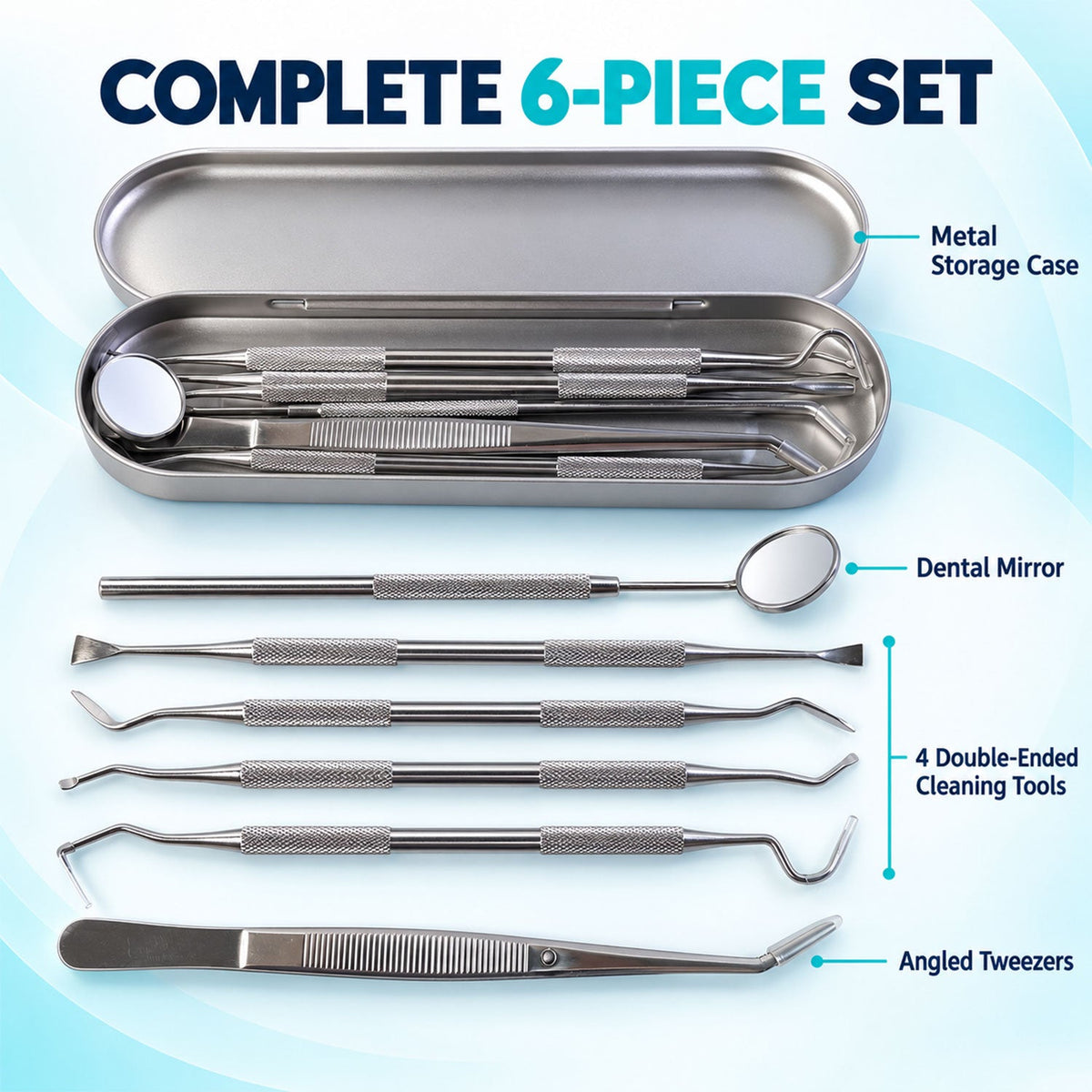 The full six-piece dental tool set with labels for each item: metal storage case, dental mirror, four double-ended cleaning