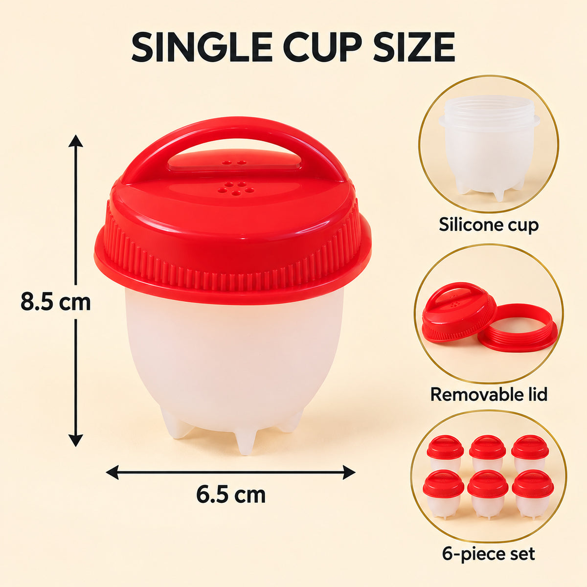 Silicone Egg Steamer Mould Cups with Removable Red Lids (6 Pc)