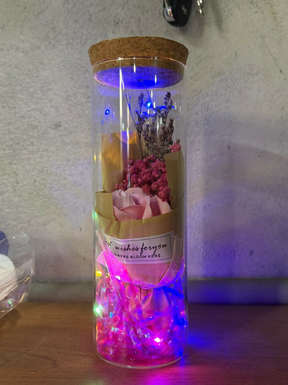 LED Glass Dome Flower Bouquet Gift Jar with Cork Lid & Fairy Lights (ANY COLOR)