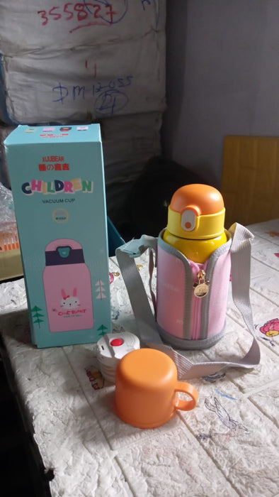 Love Baby Cute Animals Prints Kids Bottle Sipper for HOT N Cold Water, Milk, Juice with Bottle Cover, Cup, Zip Pocket & Straw to Keep Things Orange Green Pink Colors for Outdoor / Office / Gym / School (600 ML)