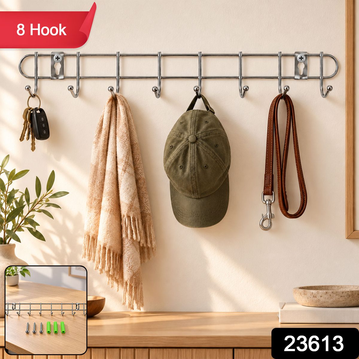 Steel Wall Mount Hanger Rack with 8 Rounded Hooks (1 Pc, Approx. 47 cm)