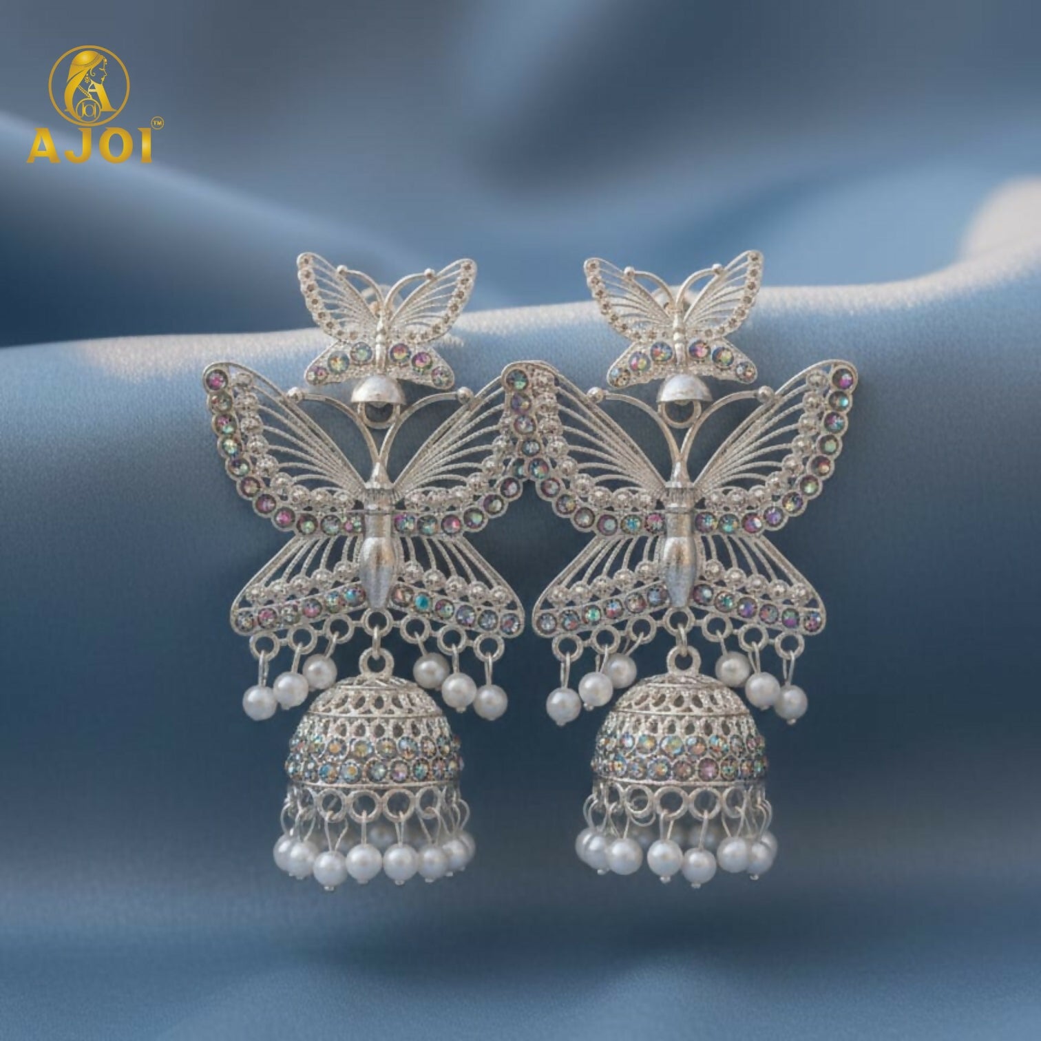 Silver Plated Butterfly Designer Jhumka Earrings with Pearl Drops for Women & Girls