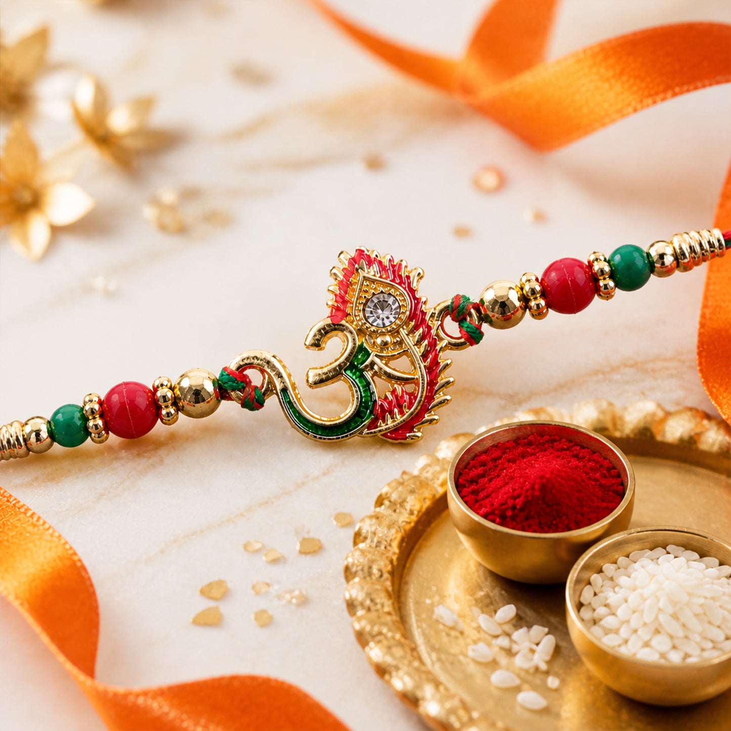 Om and Peacock Feather Enamel Pendant Rakhi with Multicolor Beads