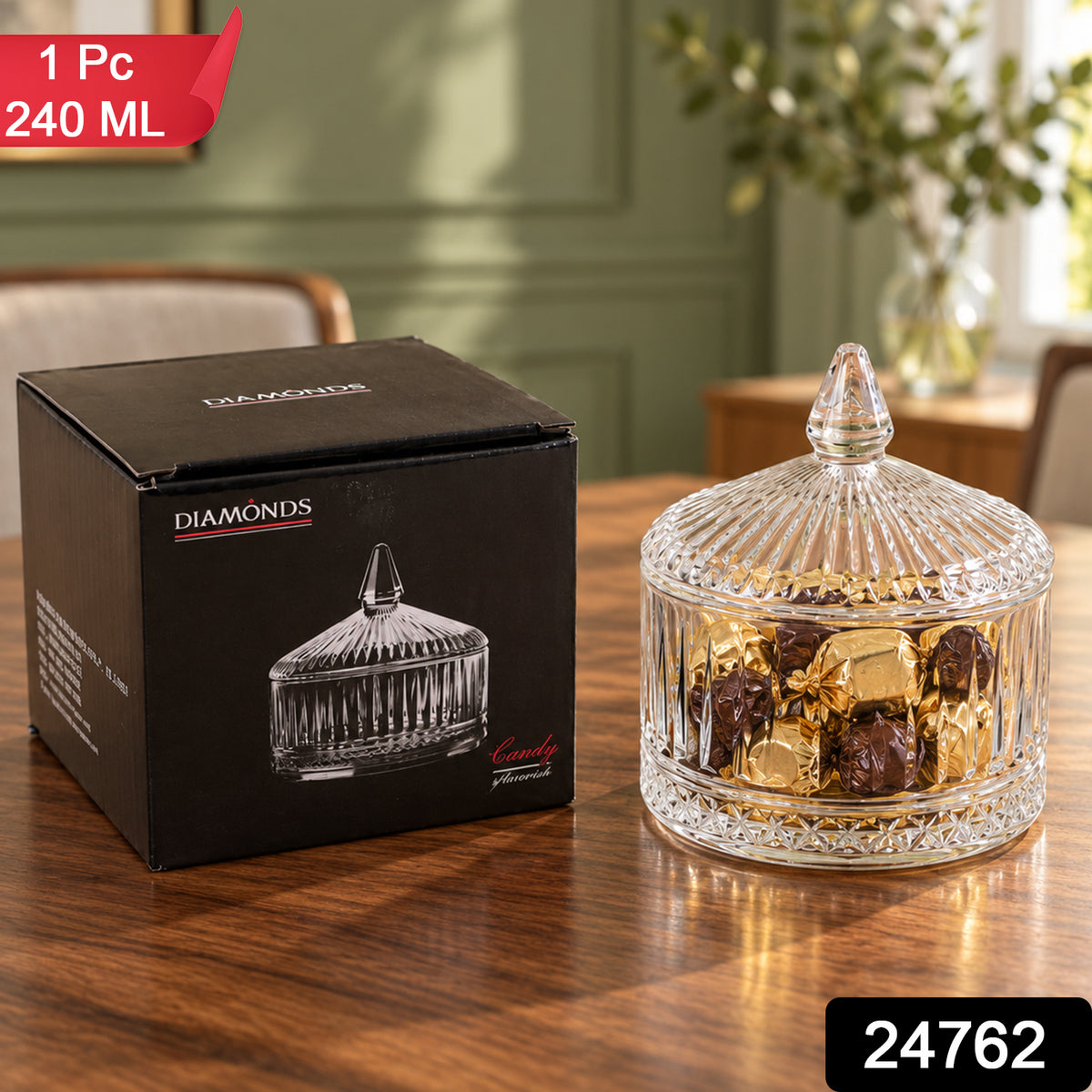 Decorative Glass Candy Jar with Patterned Lift-Off Lid (240 ml, 1 Pc)