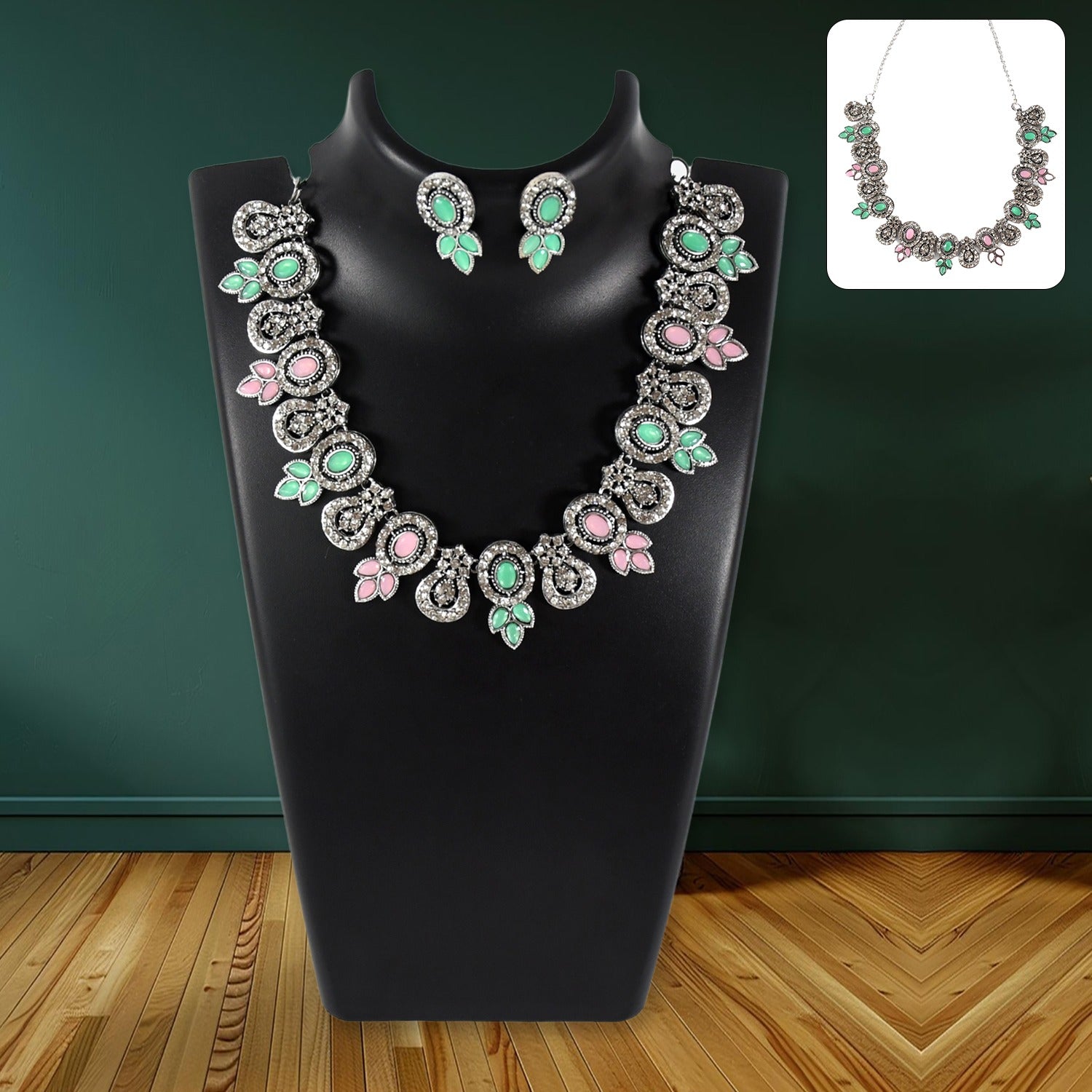 Exquisite Pink & Green Color Necklace Set