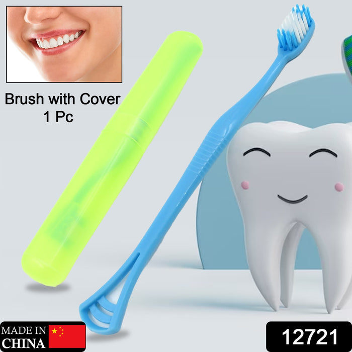 12721 2 in 1 Soft Toothbrush and Tongue With Toothbrush Cover Cleaner Scraper for Men and Women, Kids, Adults Plastic Toothbrush Cover / Case / Holder (1 Pc)