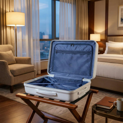 Adjustable telescopic handle on grey travel luggage with spinner wheels